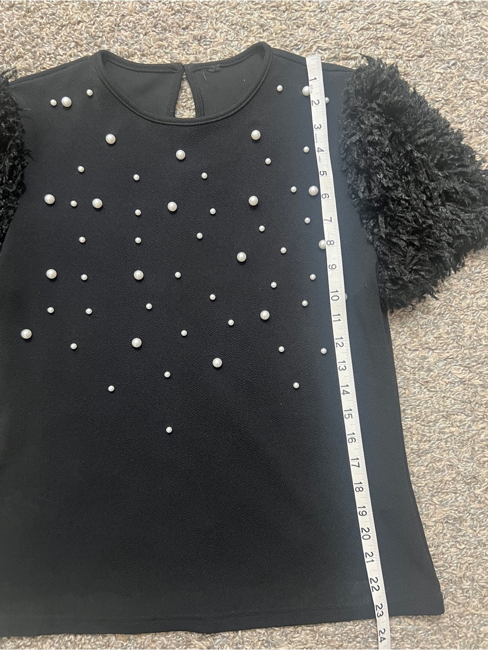 Black whimsy goth Pearl-Embellished Puff Sleeve Top - Picture 6 of 7